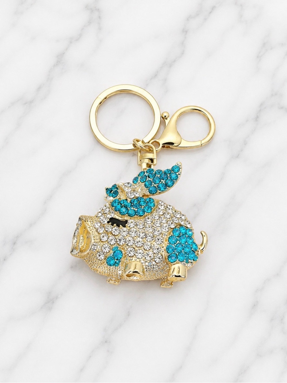 Gold-tone Teal and Clear Rhinestone Pig Bag Charm/Keyring